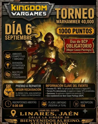 Cartel de Torneo Warhammer 40K Kingdom Wargames Linares - Septiembre 2026