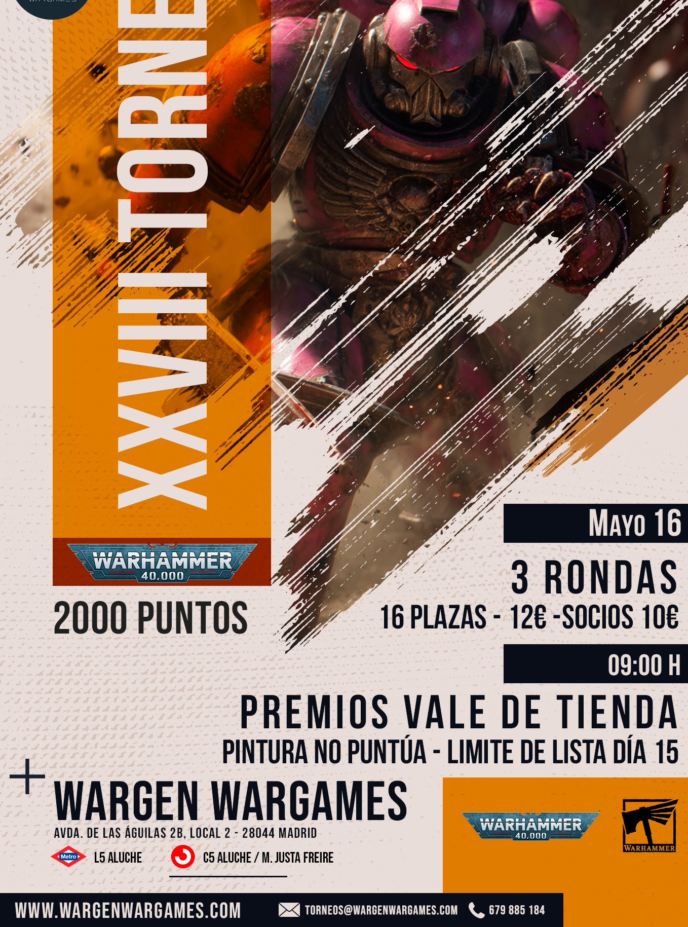 Cartel de XXVIII Torneo Warhammer 40K Wargen Wargames - Mayo 2026